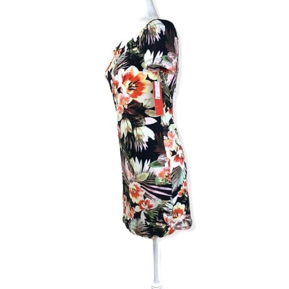 HOT KISS Junior's Mini Bodycon Shoulderless Short Sleeve Dress Black/Multicolor - Picture 4 of 7
